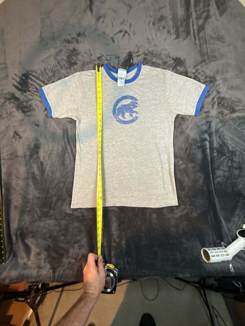 Women’s MLB Chicago Cubs Ringer T-Shirt Size 12/14 Gray Blue Bear Logo #75